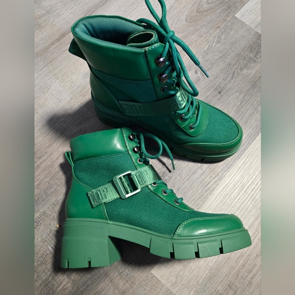 Green Chunky Lug Sole Combat Boots Shoes, Mixed Texture Design Women's 6.5, New - Picture 9 of 16